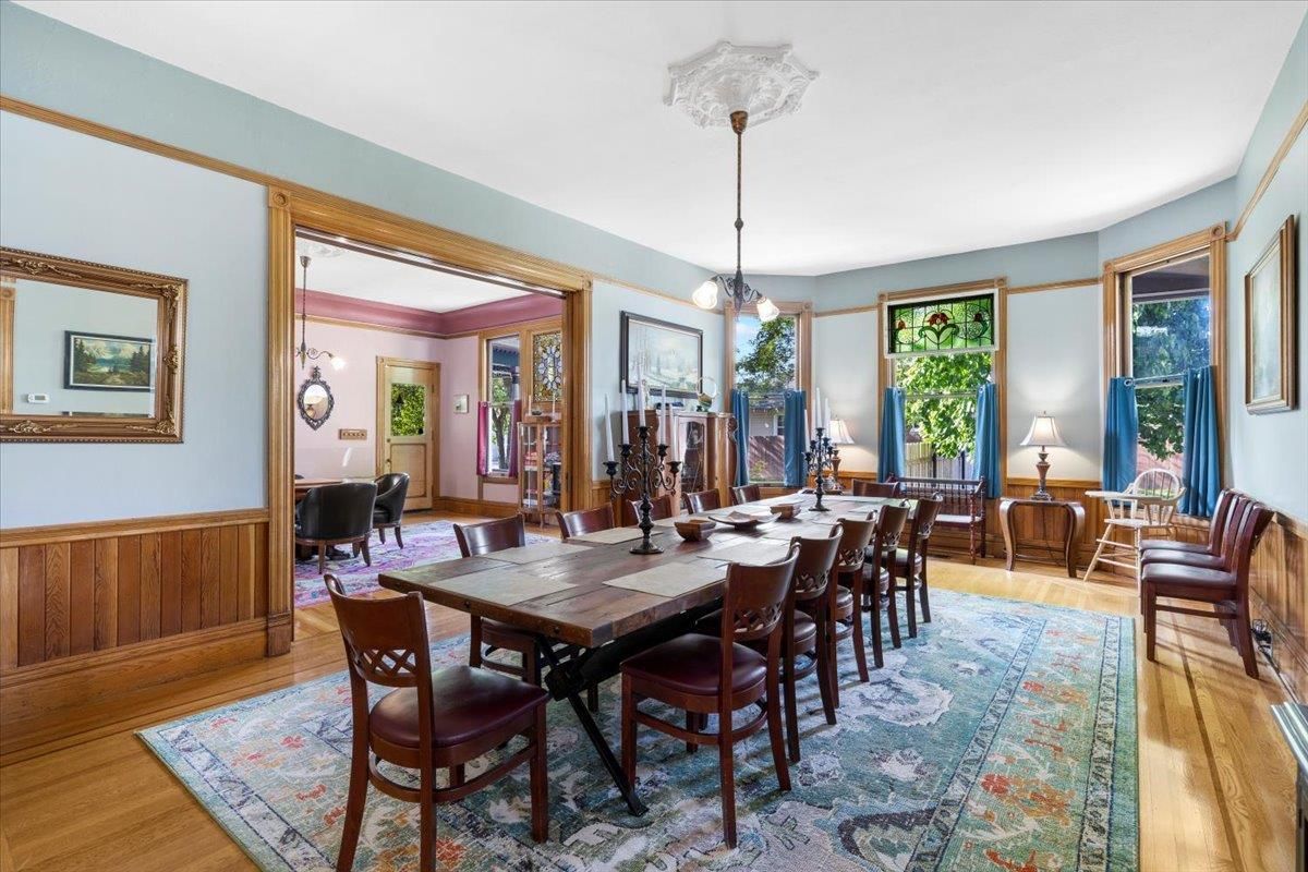 Dining room, Interior, Pendant Lights, Wood Texture Flooring