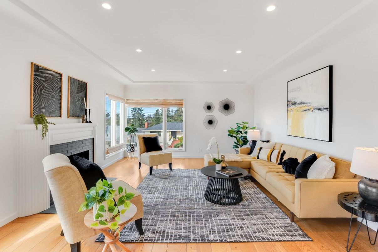 Fireplace, Interior, Living room, Recessed Lighting, Wood Texture Flooring