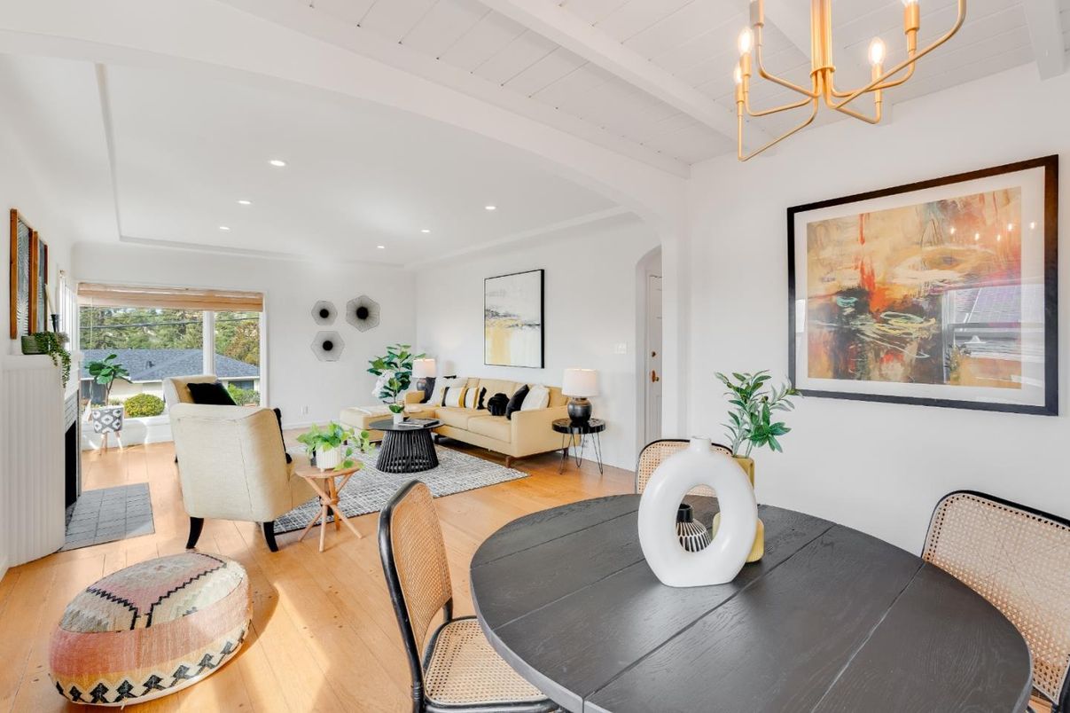 Chandelier, Dining room, Interior, Living room, Recessed Lighting, Wood Texture Flooring