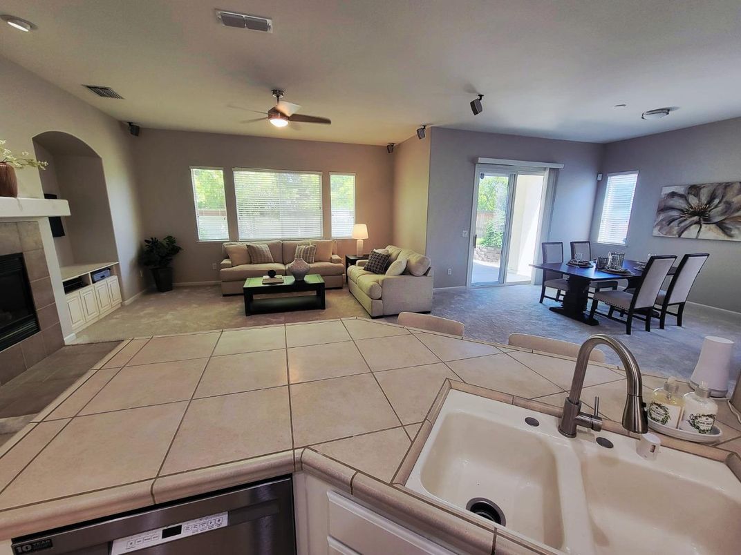 Dining room, Fireplace, Interior, Living room, Recessed Lighting