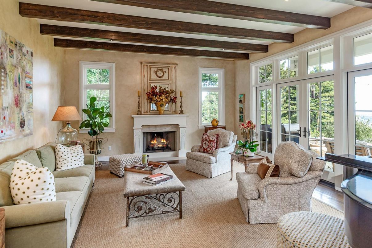 Fireplace, Interior, Living room, Recessed Lighting, Wooden Beams, Wood Texture Flooring