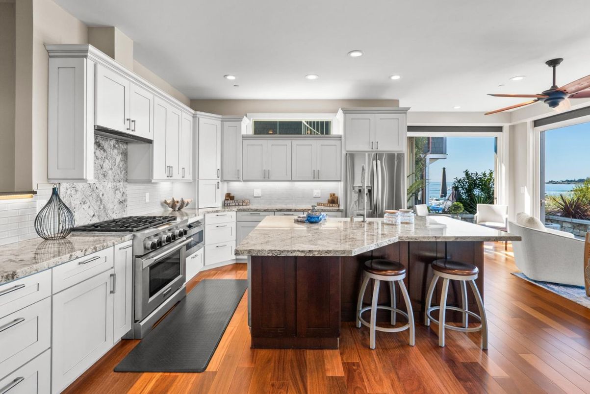Interior, Kitchen, Recessed Lighting, Stainless Steel Appliances, Water, Wood Texture Flooring