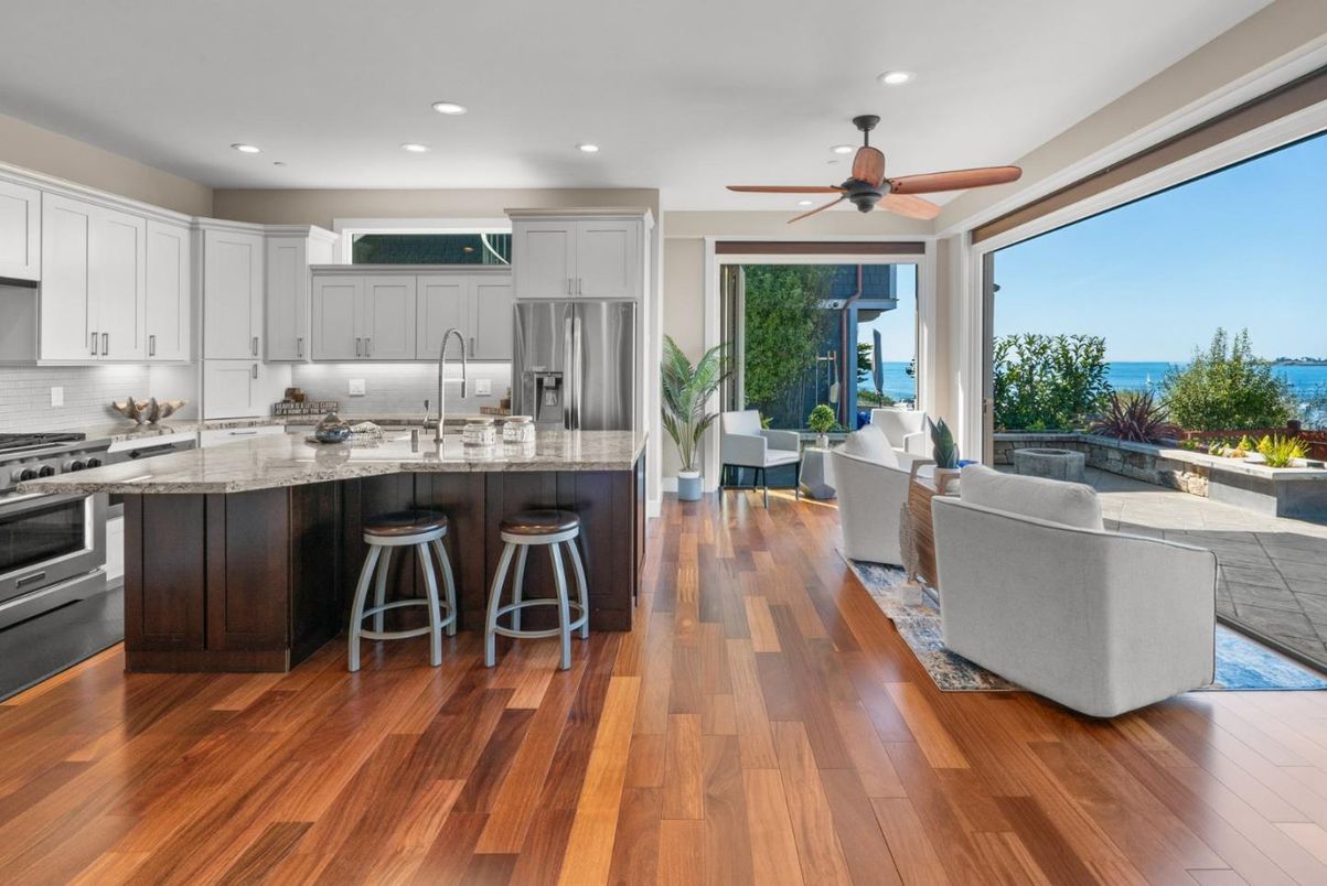 Interior, Kitchen, Living room, Recessed Lighting, Stainless Steel Appliances, Water, Wood Texture Flooring