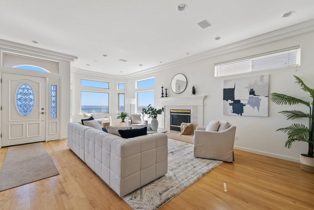 Fireplace, Interior, Living room, Recessed Lighting, Water, Wood Texture Flooring