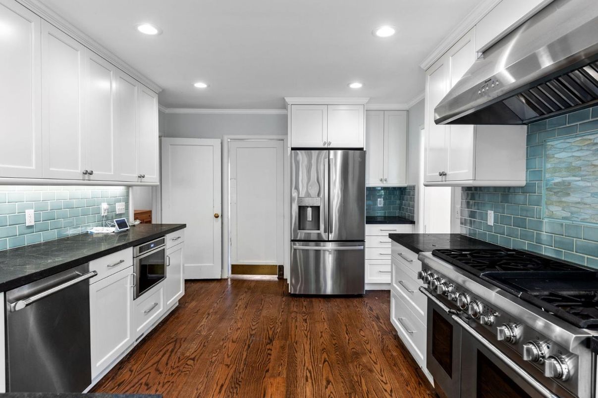 Interior, Kitchen, Recessed Lighting, Stainless Steel Appliances, Wood Texture Flooring