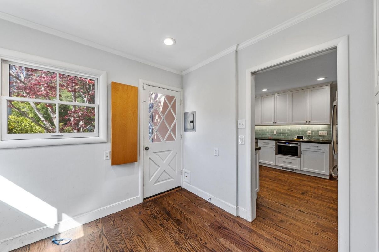 Empty room, Interior, Kitchen, Recessed Lighting, Wood Texture Flooring