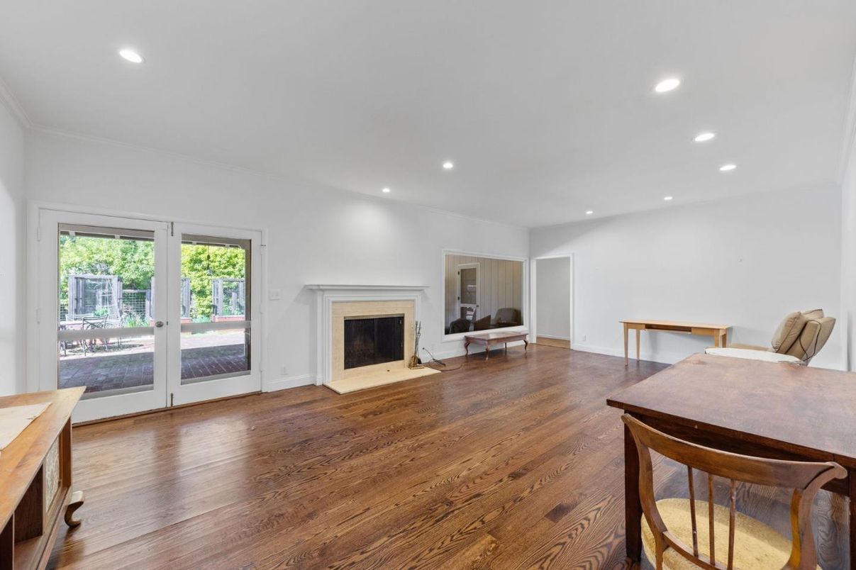 Empty room, Fireplace, Interior, Recessed Lighting, Wood Texture Flooring