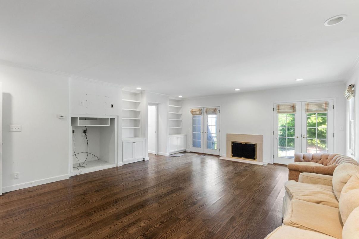 Empty room, Fireplace, Interior, Living room, Recessed Lighting, Wood Texture Flooring