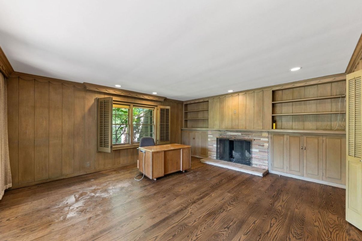 Empty room, Fireplace, Interior, Recessed Lighting, Wood Texture Flooring, Wooden Walls