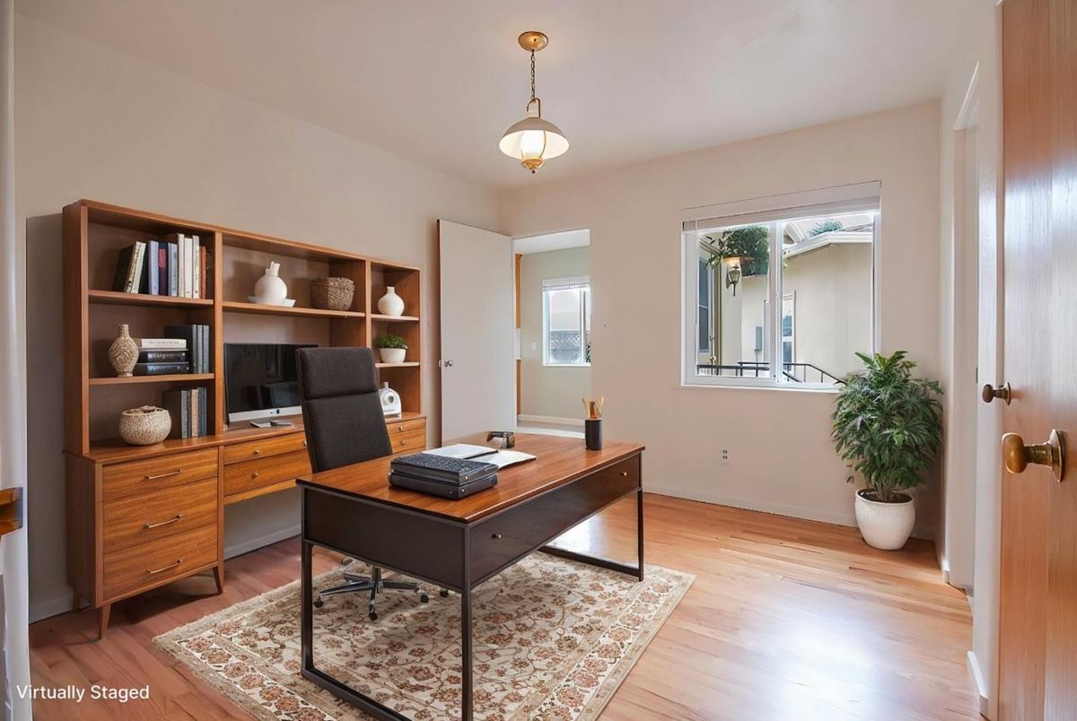 Home Office, Interior, Pendant Lights, Wood Texture Flooring