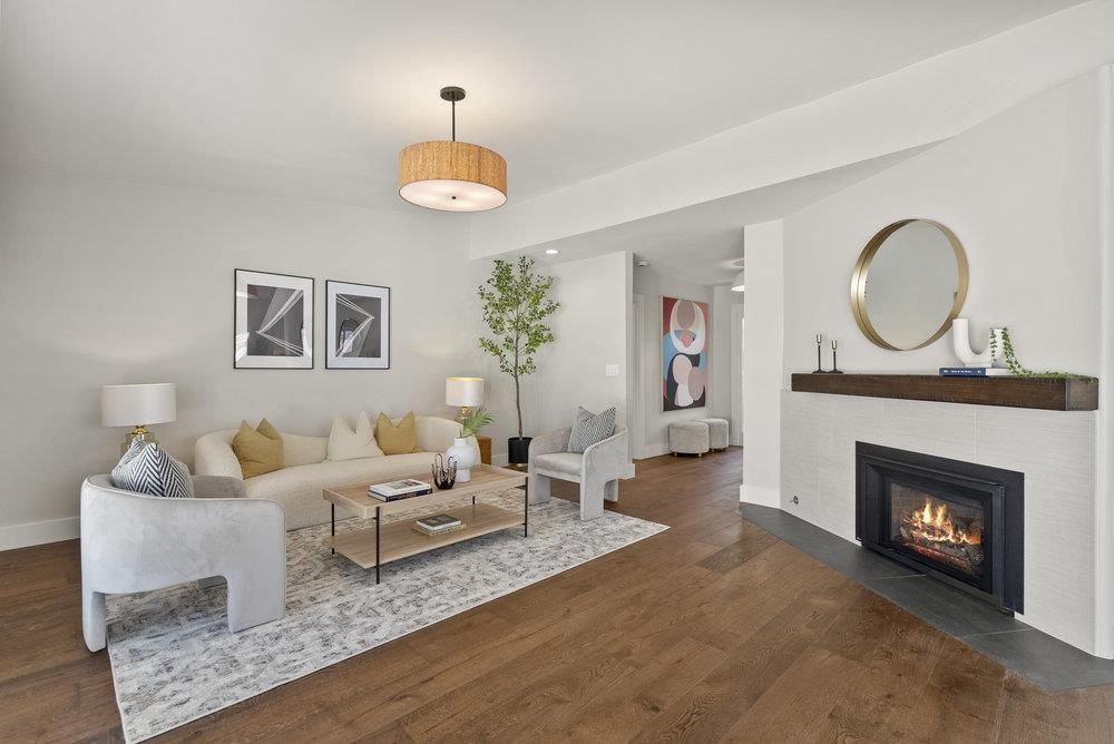 Fireplace, Interior, Living room, Pendant Lights, Recessed Lighting, Wood Texture Flooring