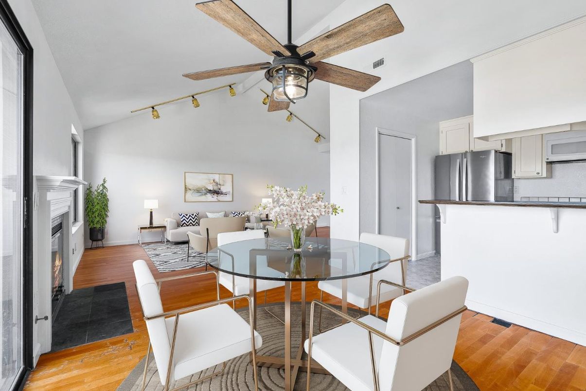 Dining room, Interior, Kitchen, Living room, Stainless Steel Appliances, Wood Texture Flooring