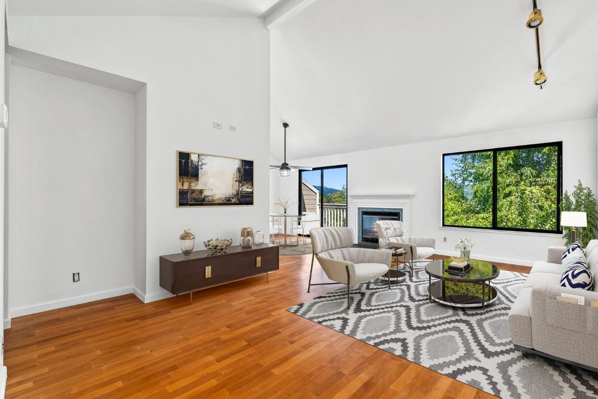 Fireplace, Interior, Living room, Pendant Lights, Wood Texture Flooring