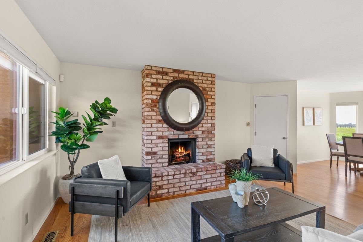 Dining room, Fireplace, Interior, Living room, Stone Walls, Wood Texture Flooring