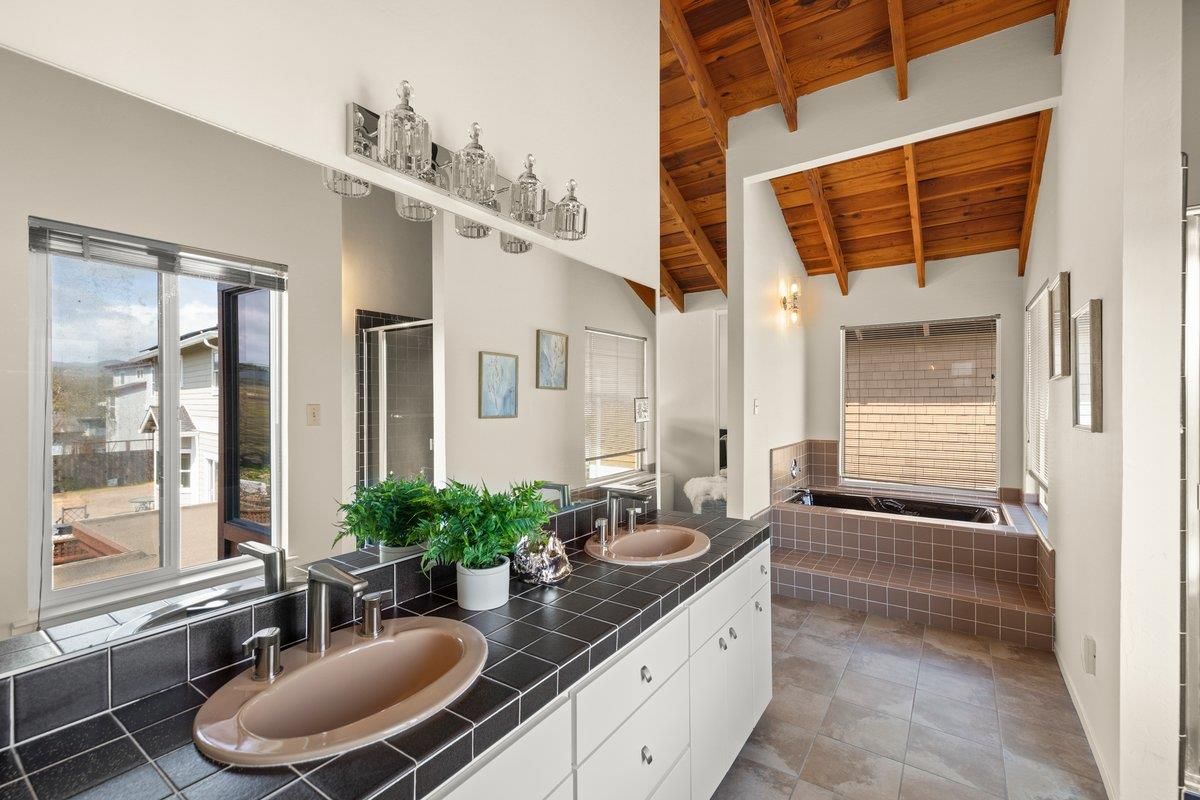 Bathroom, Dual Sink Vanities, Interior, Tile Countertops, Wooden Beams, Wooden Ceilings