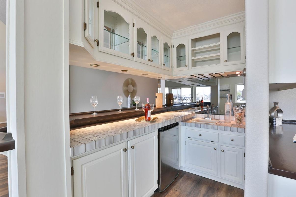 Interior, Kitchen, Tile Countertops, Wood Texture Flooring