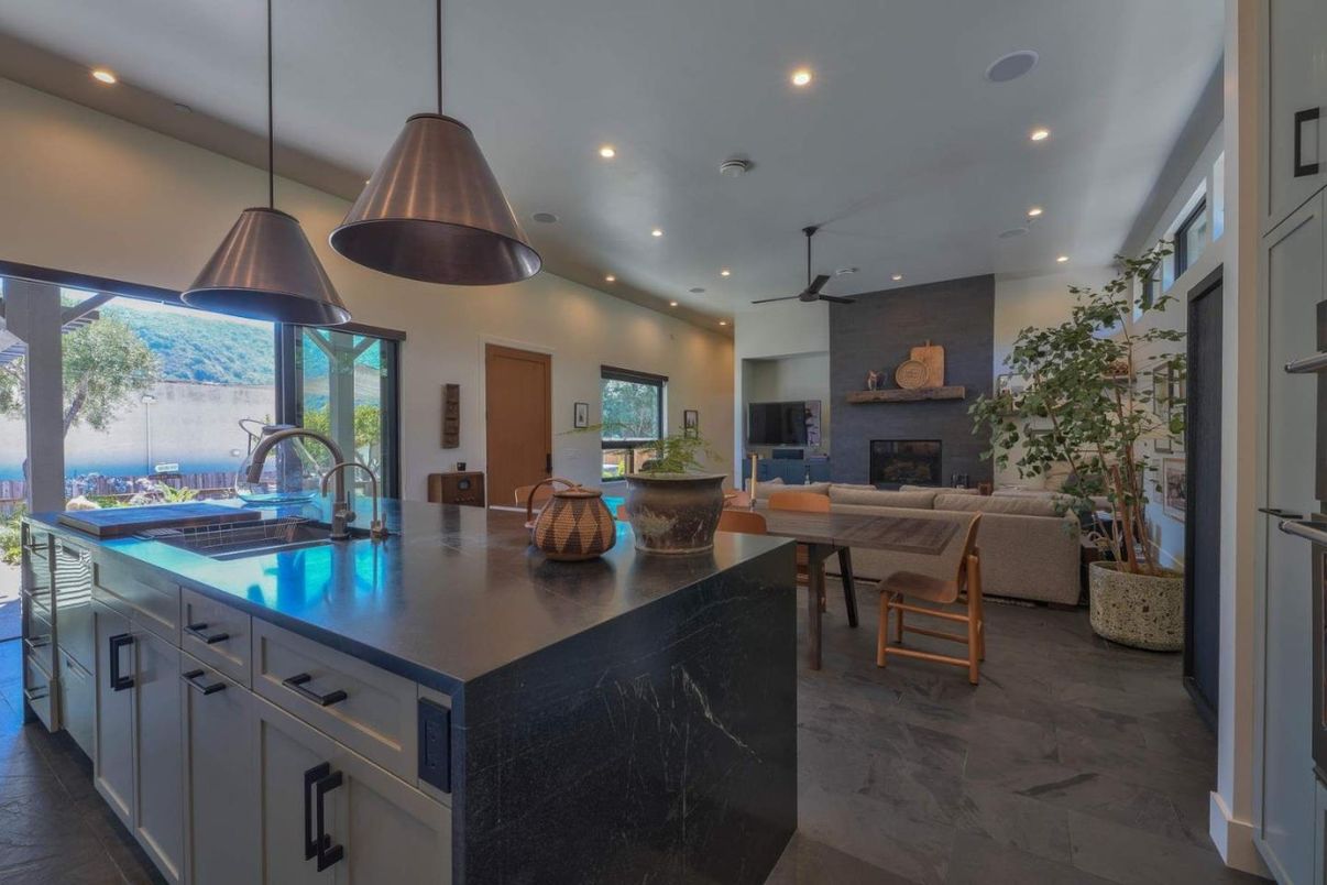 Dining room, Fireplace, Interior, Kitchen, Living room, Marble, Pendant Lights, Recessed Lighting, Stainless Steel Appliances