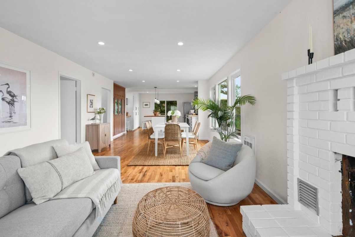 Dining room, Fireplace, Interior, Living room, Pendant Lights, Recessed Lighting, Stone Walls, Wood Texture Flooring