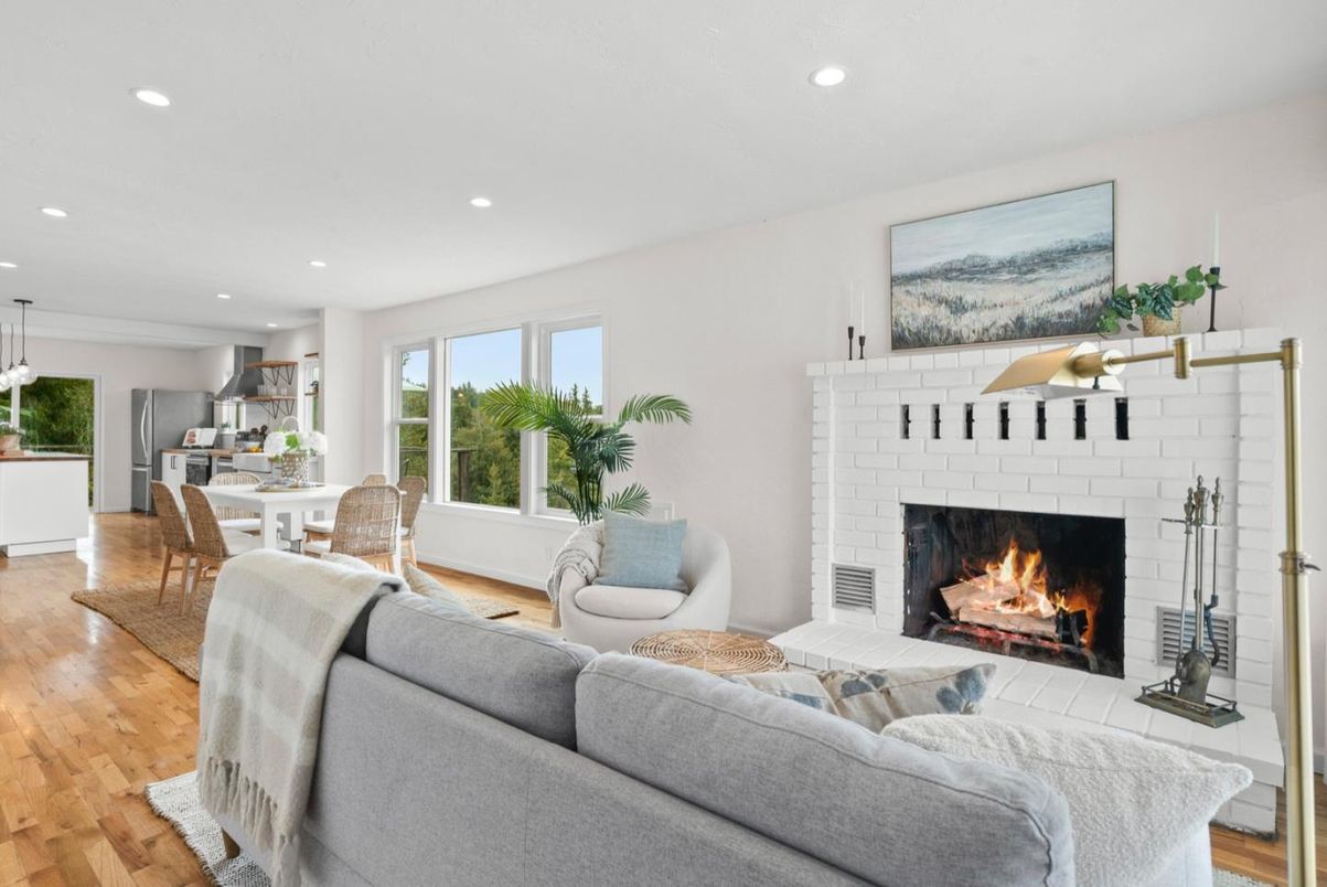 Dining room, Fireplace, Interior, Living room, Pendant Lights, Recessed Lighting, Wood Texture Flooring