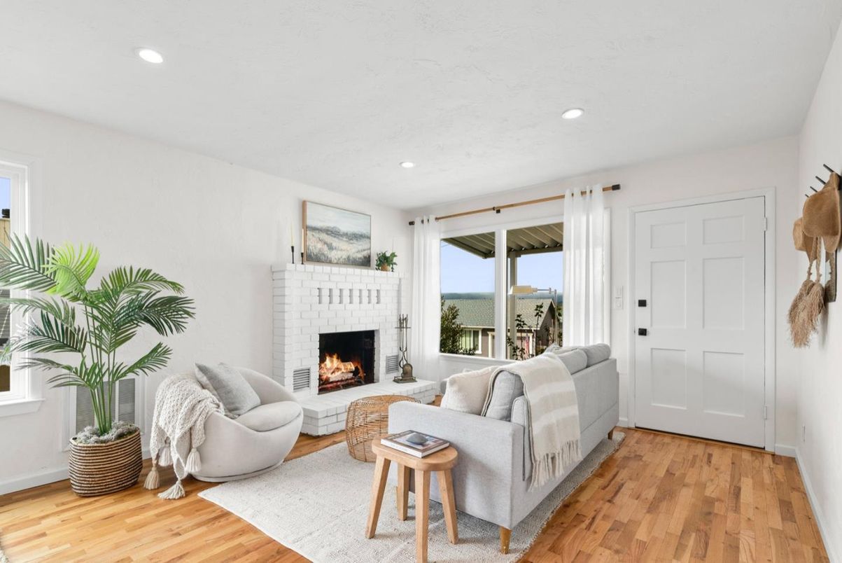 Fireplace, Interior, Living room, Recessed Lighting, Water, Wood Texture Flooring