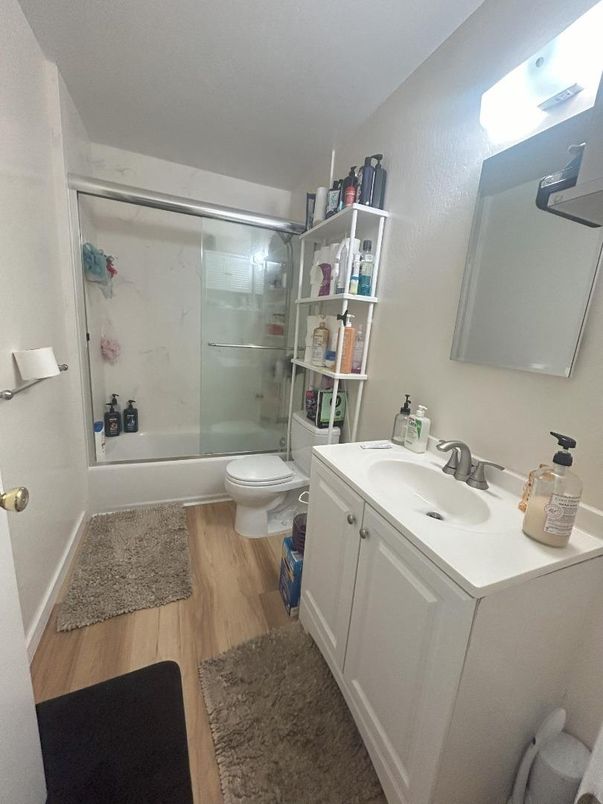 Bathroom, Glass Shower, Interior, Wood Texture Flooring