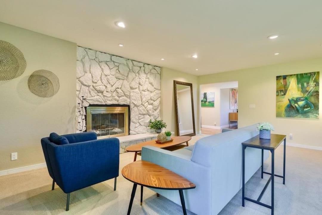 Fireplace, Interior, Living room, Recessed Lighting, Stone Walls