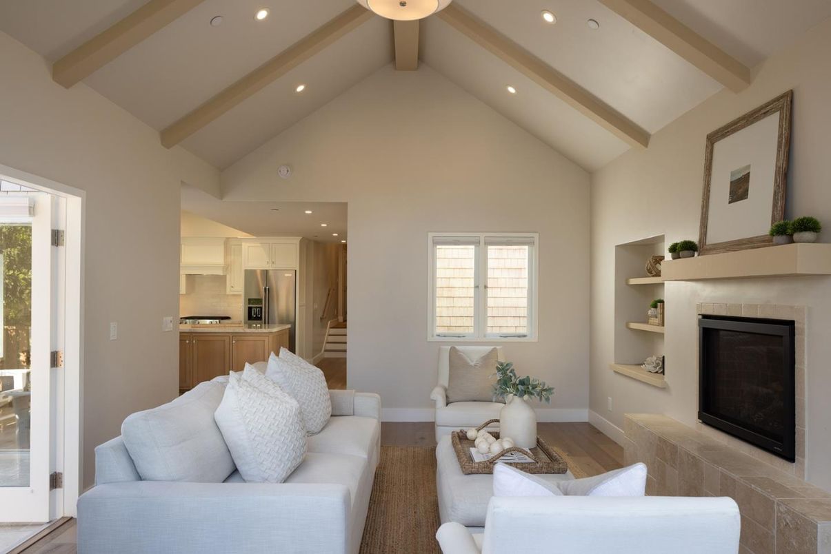 Fireplace, Interior, Kitchen, Living room, Recessed Lighting, Stainless Steel Appliances, Wood Texture Flooring