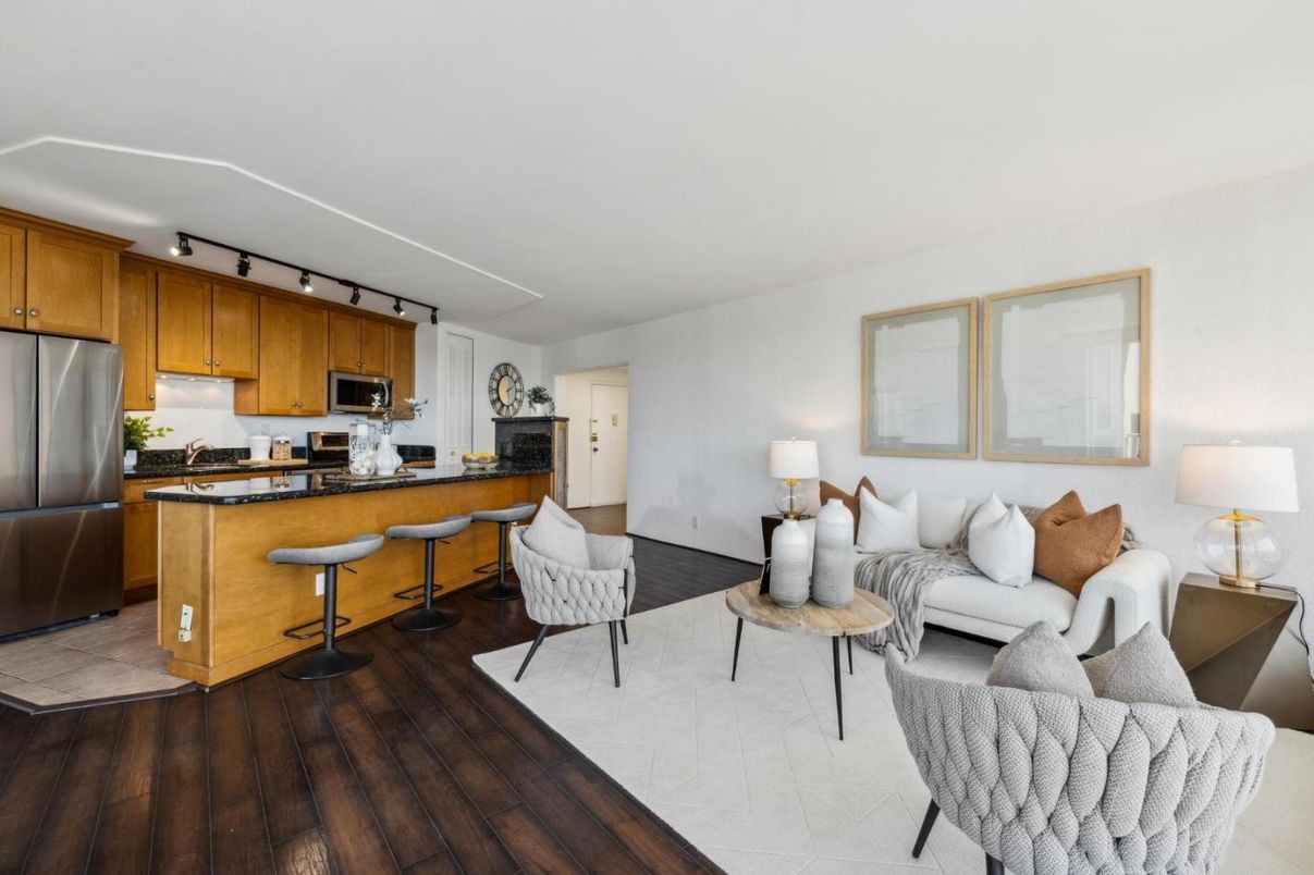 Interior, Kitchen, Living room, Stainless Steel Appliances, Wood Texture Flooring