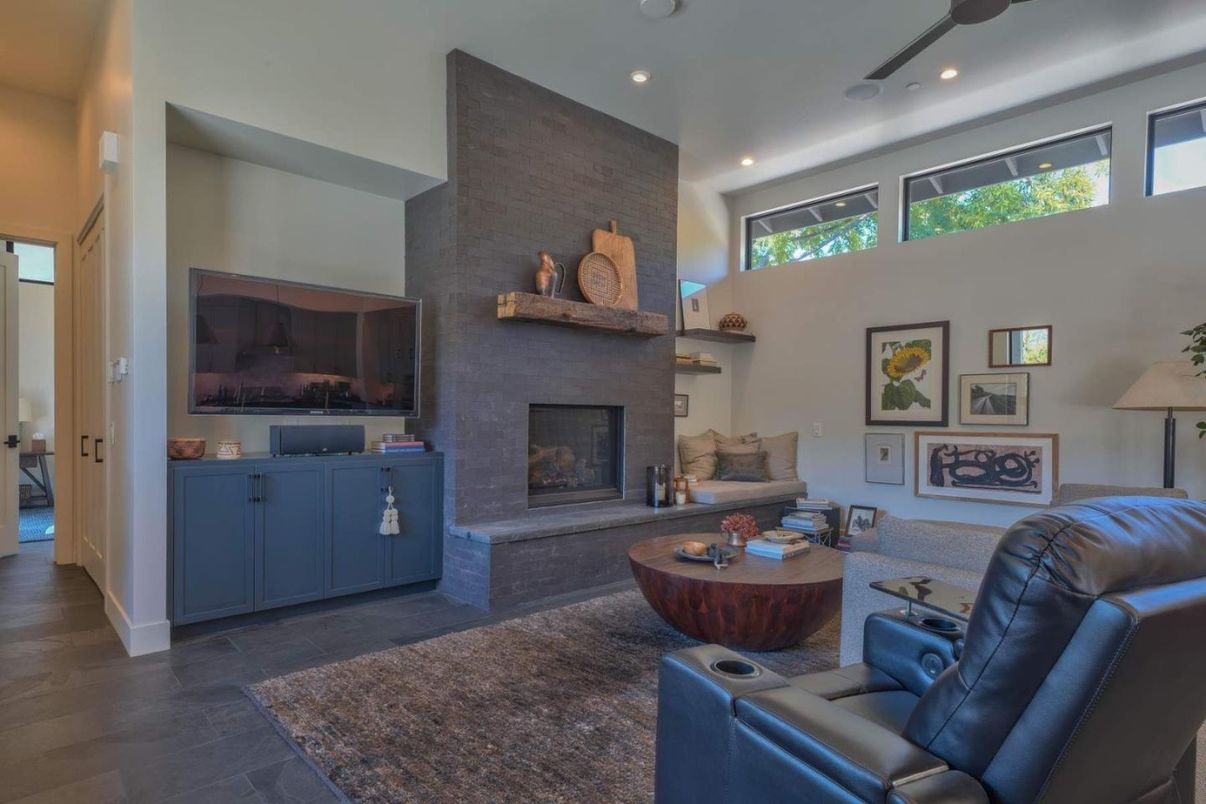 Home Theatre Room, Fireplace, Interior, Living room, Recessed Lighting, Wood Texture Flooring