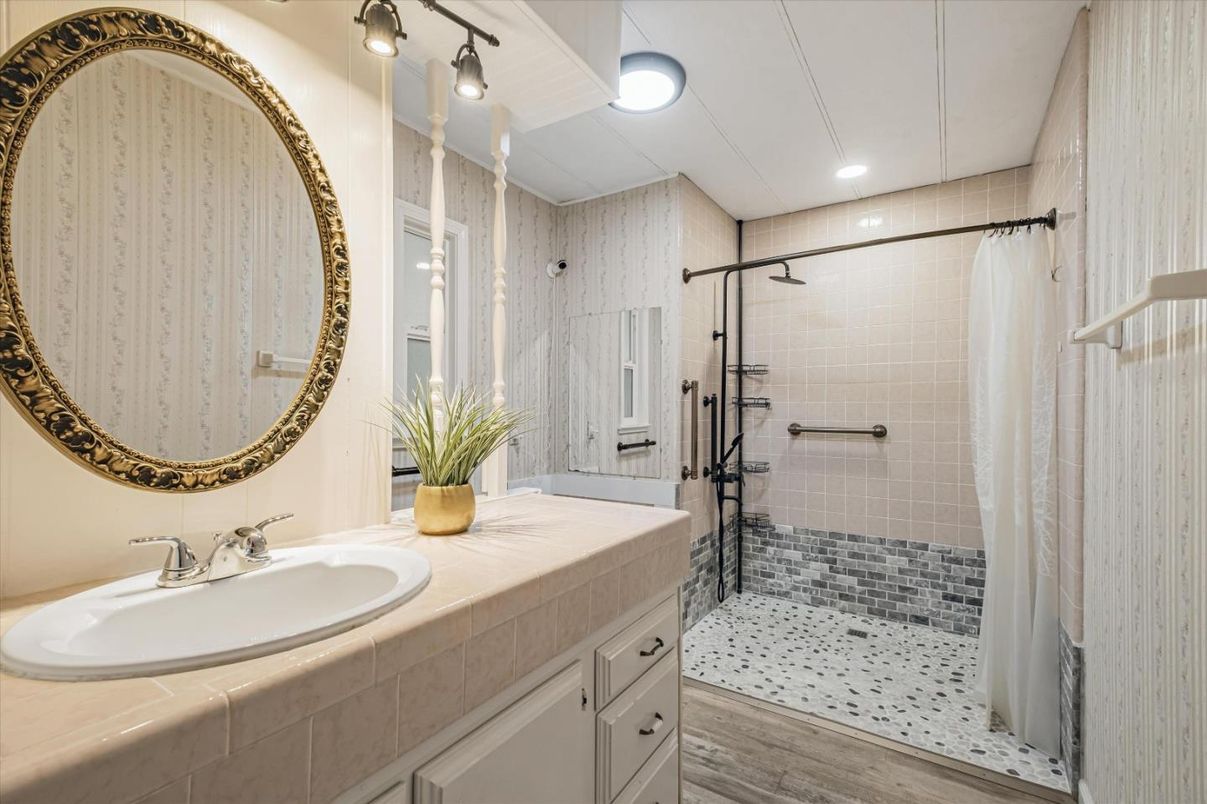 Bathroom, Dual Sink Vanities, Interior, Recessed Lighting, Wood Texture Flooring