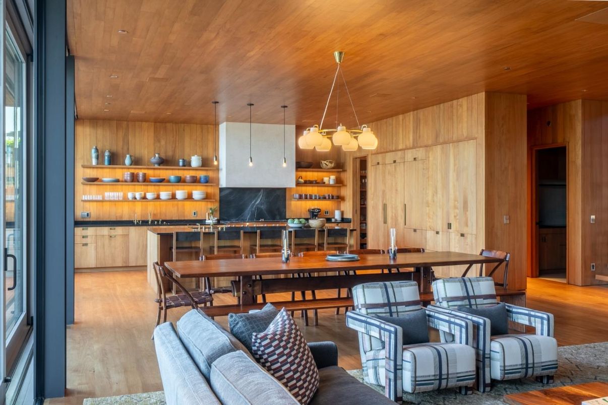 Dining room, Interior, Kitchen, Pendant Lights, Wooden Ceilings, Wood Texture Flooring, Wooden Walls