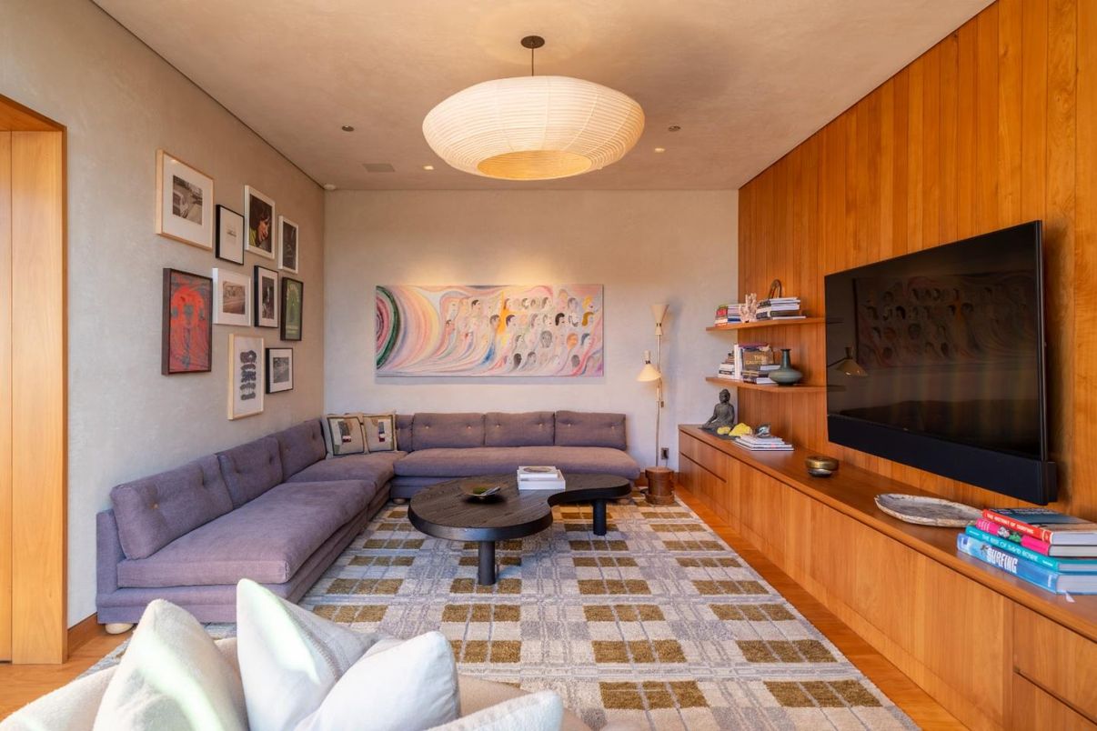 Interior, Living room, Pendant Lights, Recessed Lighting, Wooden Walls