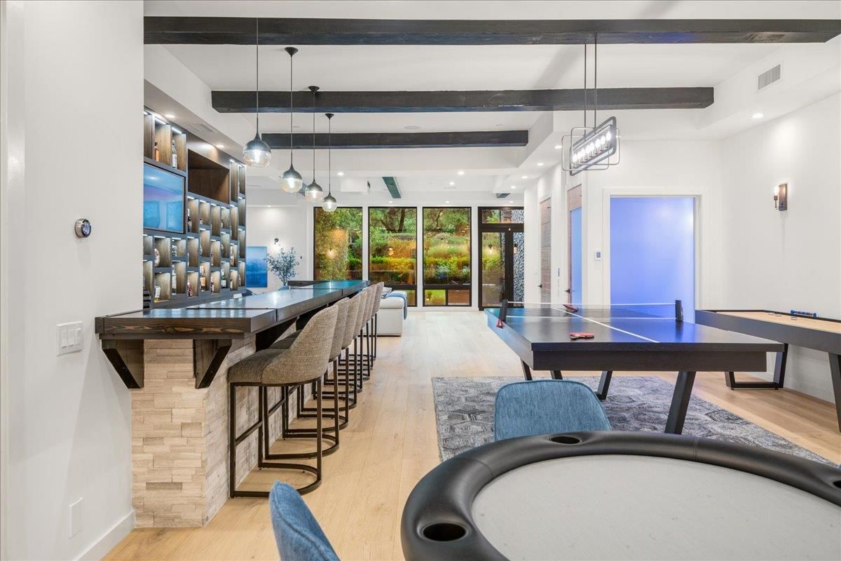 Game Room, Interior, Pendant Lights, Recessed Lighting, Wooden Beams, Wood Texture Flooring