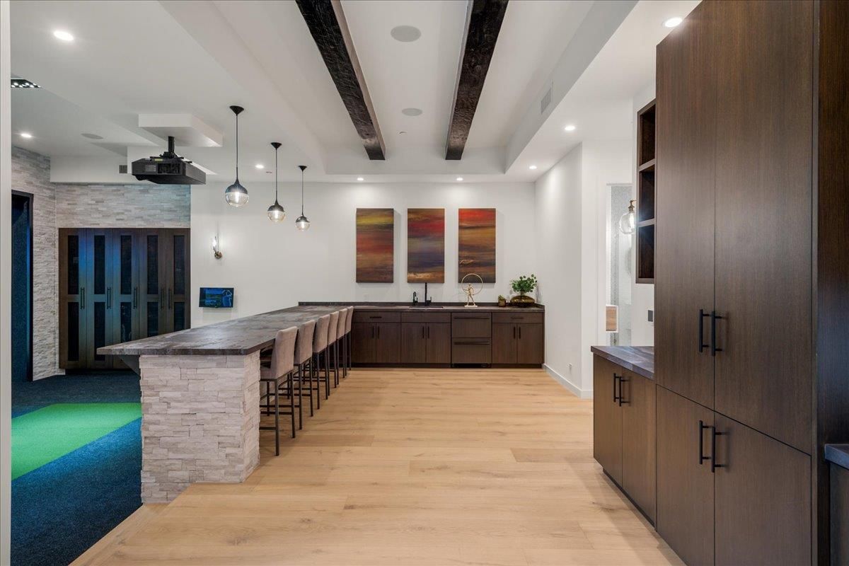 Interior, Pendant Lights, Recessed Lighting, Stone Walls, Wooden Beams, Wood Texture Flooring