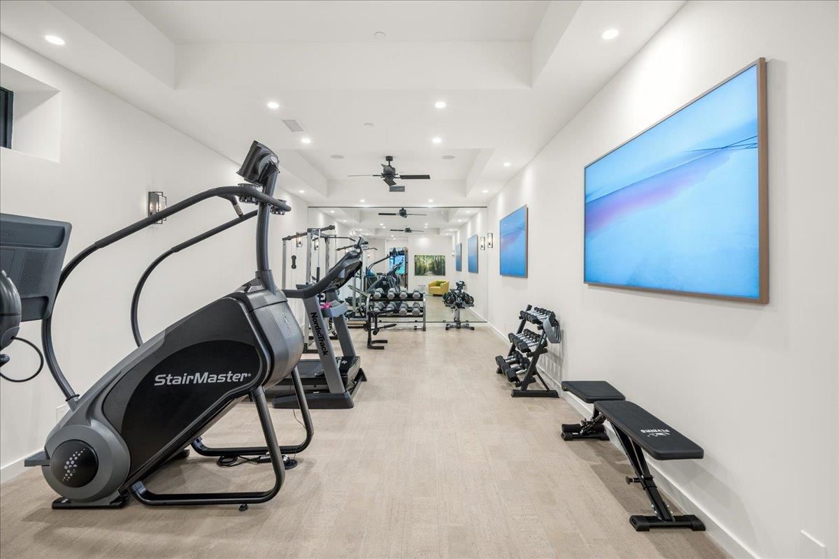 Fitness Equipment, Gym, Interior, Recessed Lighting, Wood Texture Flooring