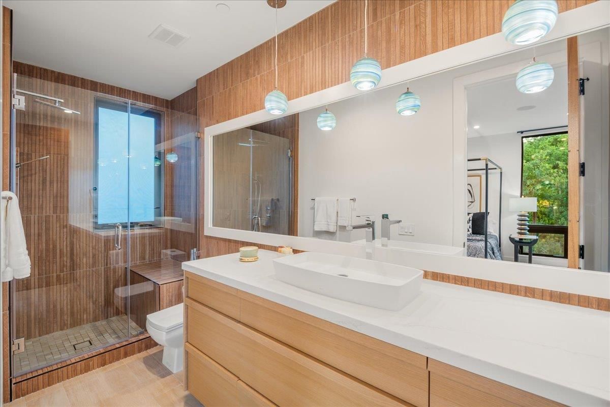 Bathroom, Glass Shower, Interior, Wood Texture Flooring
