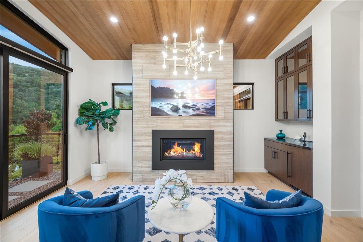 Fireplace, Interior, Living room, Pendant Lights, Recessed Lighting, Wooden Ceilings, Wood Texture Flooring