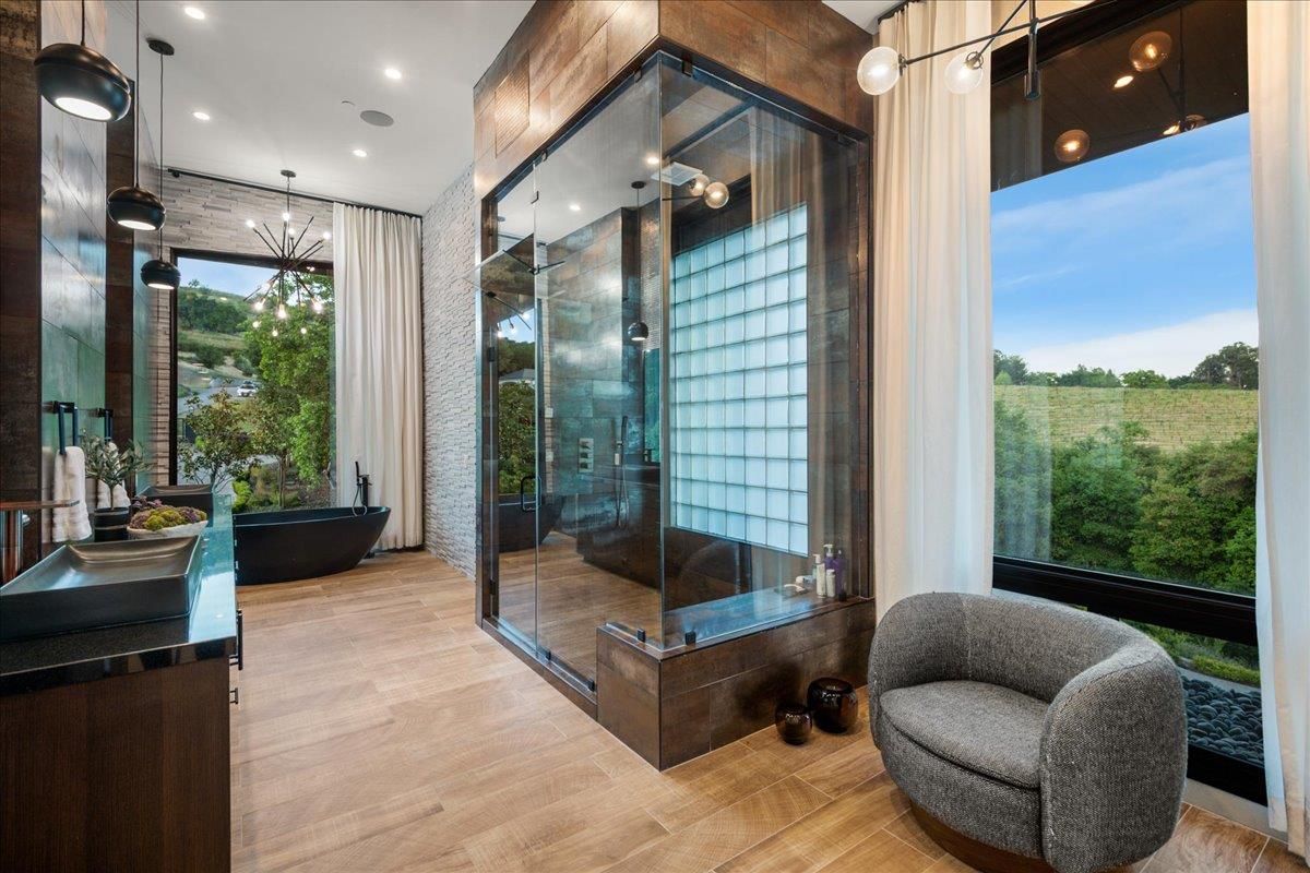Bathroom, Glass Shower, Interior, Pendant Lights, Recessed Lighting, Wood Texture Flooring