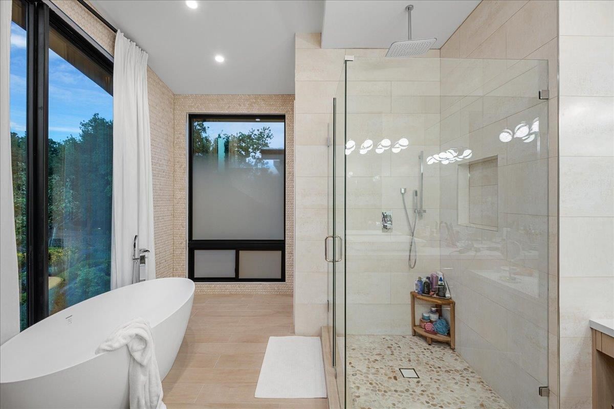 Bathroom, Free Standing Baths, Glass Shower, Interior, Recessed Lighting, Wood Texture Flooring