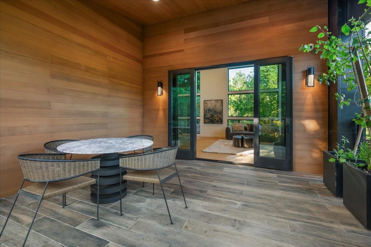 Dining room, Interior, Recessed Lighting, Wooden Ceilings, Wood Texture Flooring, Wooden Walls