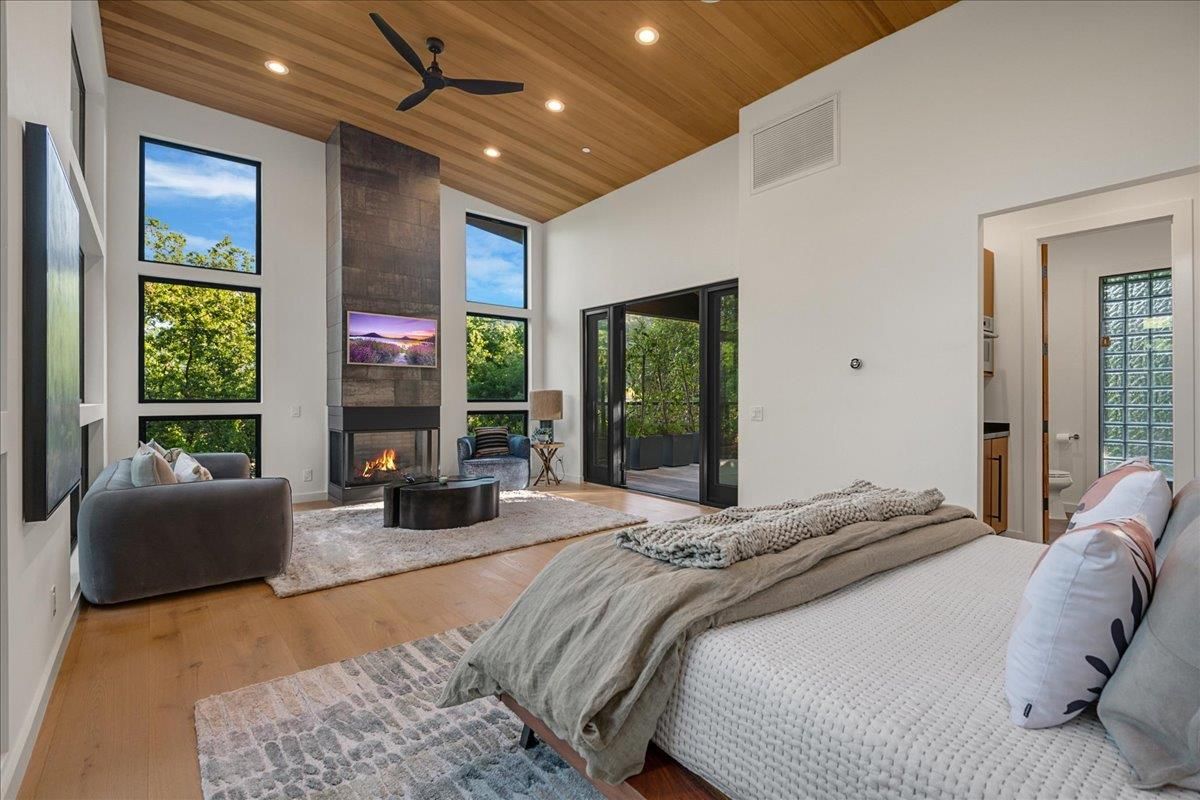 Bedroom, Fireplace, Interior, Recessed Lighting, Wooden Ceilings, Wood Texture Flooring