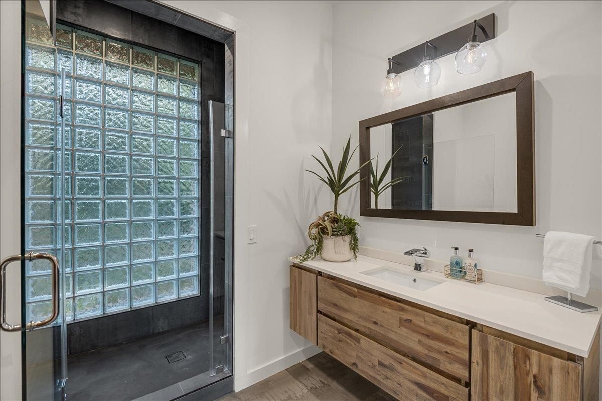 Bathroom, Glass Shower, Interior, Wood Texture Flooring