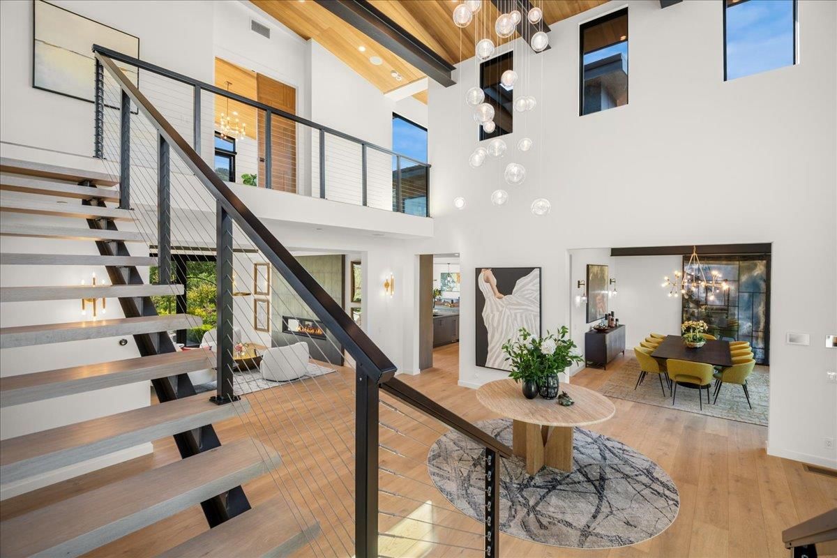 Dining room, Interior, Pendant Lights, Recessed Lighting, Wooden Beams, Wood Texture Flooring