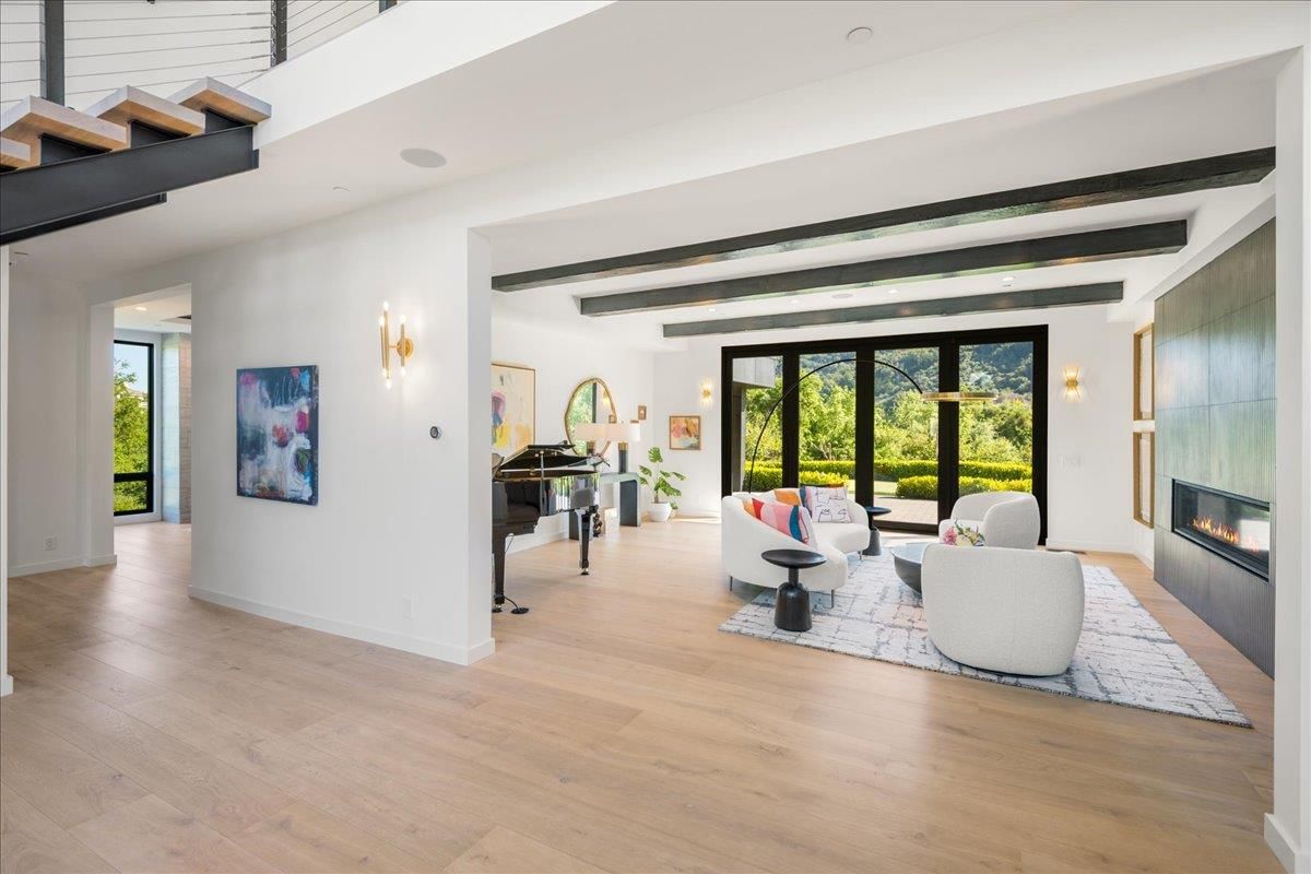 Fireplace, Interior, Living room, Piano, Recessed Lighting, Wooden Beams, Wood Texture Flooring