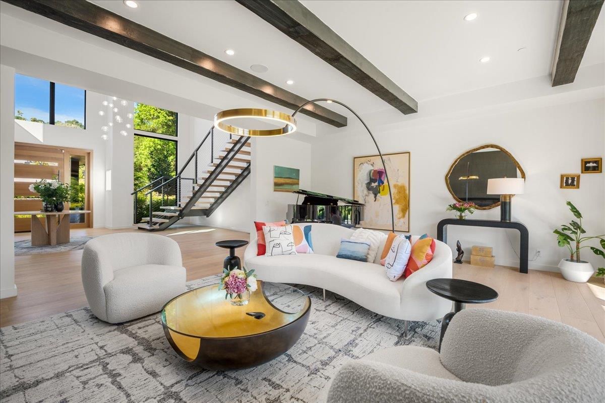 Interior, Living room, Pendant Lights, Piano, Recessed Lighting, Wooden Beams, Wood Texture Flooring