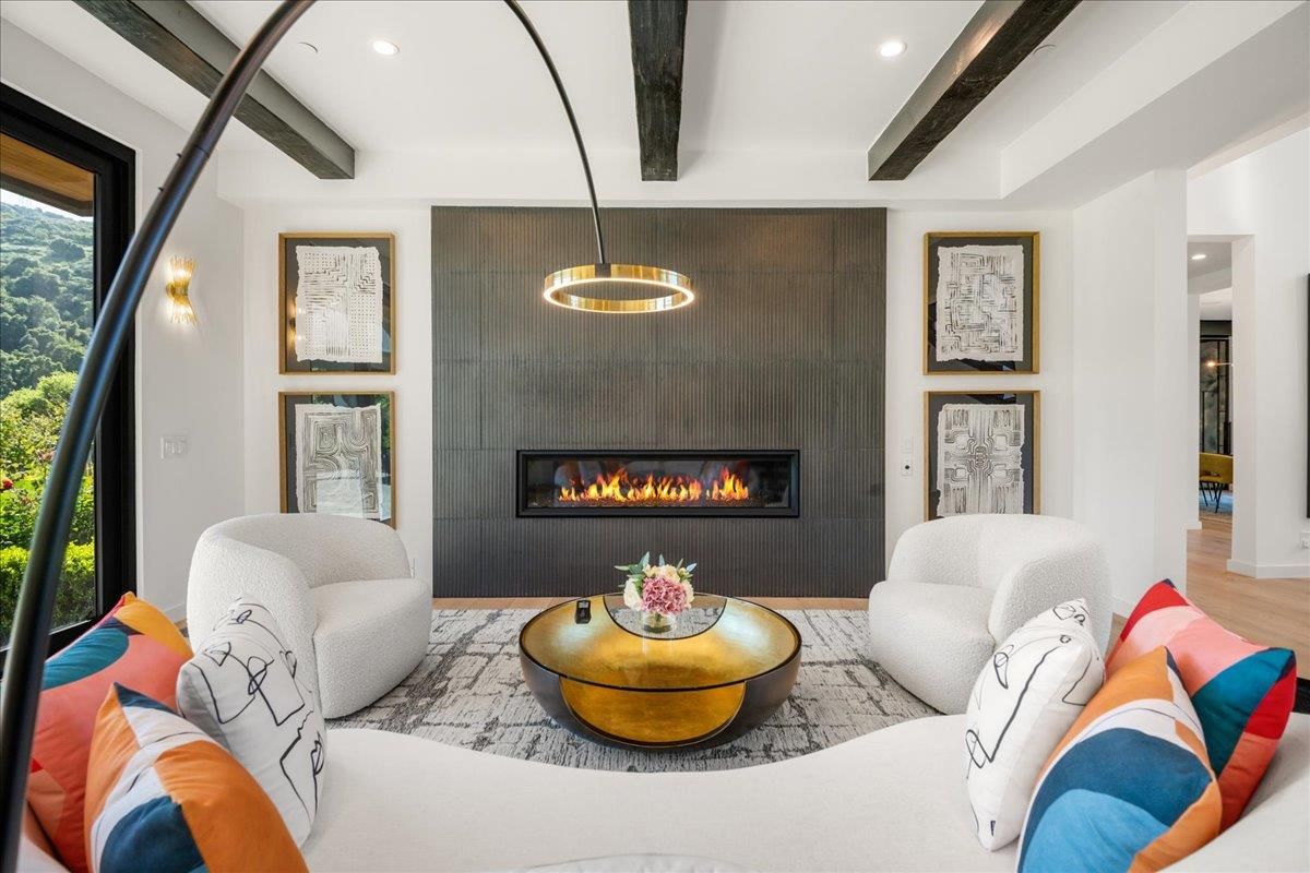 Fireplace, Interior, Living room, Pendant Lights, Recessed Lighting, Wooden Beams, Wood Texture Flooring