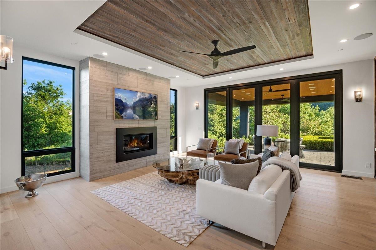 Fireplace, Interior, Living room, Recessed Lighting, Wooden Ceilings, Wood Texture Flooring