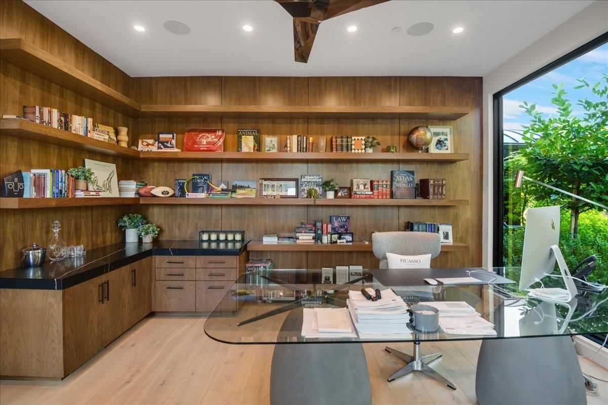 Home Office, Interior, Recessed Lighting, Wood Texture Flooring, Wooden Walls