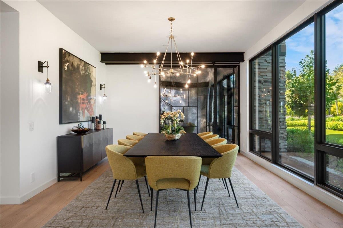 Dining room, Interior, Pendant Lights, Wood Texture Flooring