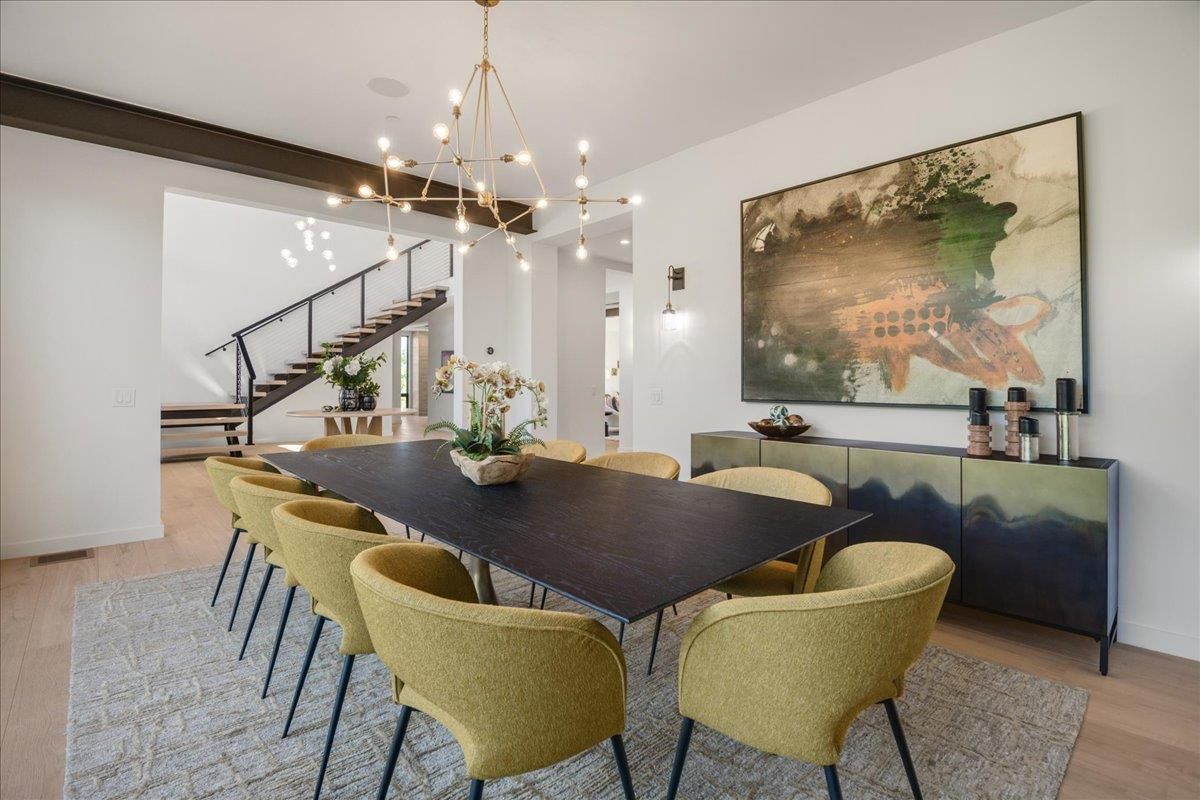 Dining room, Interior, Pendant Lights, Wood Texture Flooring